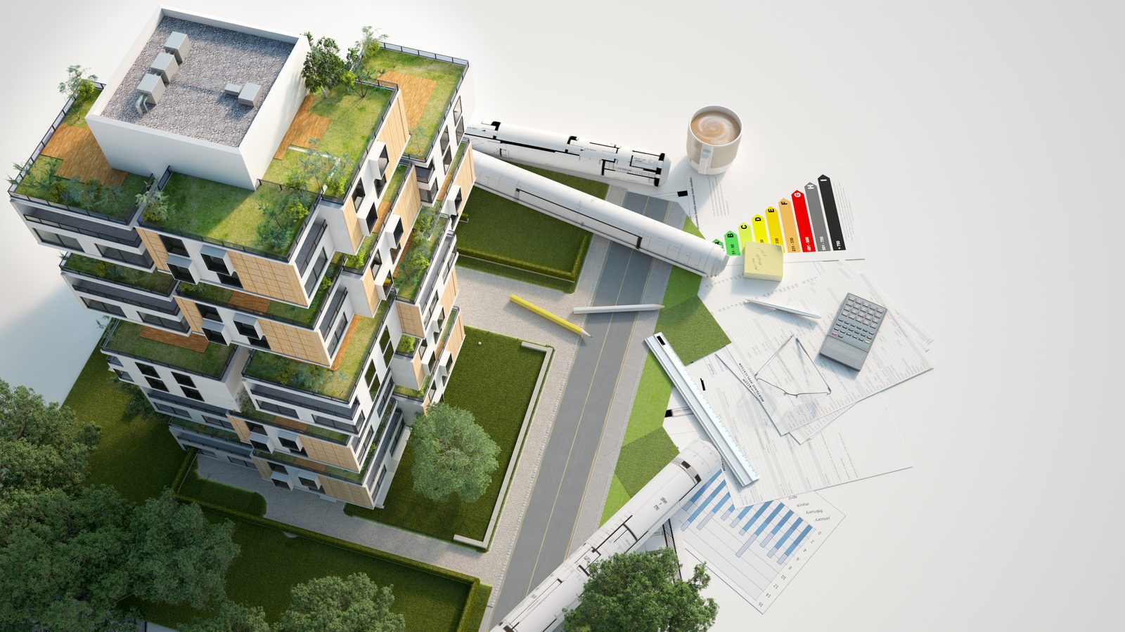 Duurzaam gebouw met energielabel (illustratie)